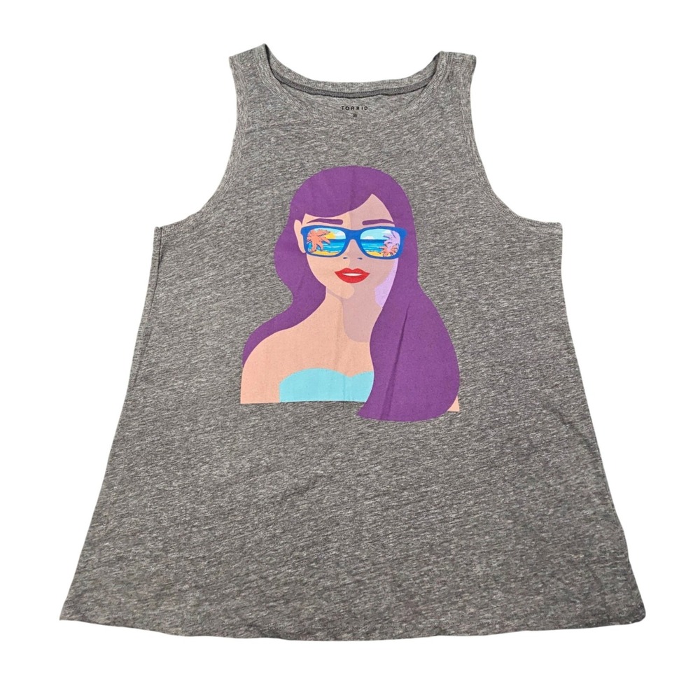 Torrid Classic Fit‎ Vintage Tank Top 00 M L Gray Graphic Scenic Sunnies Beach